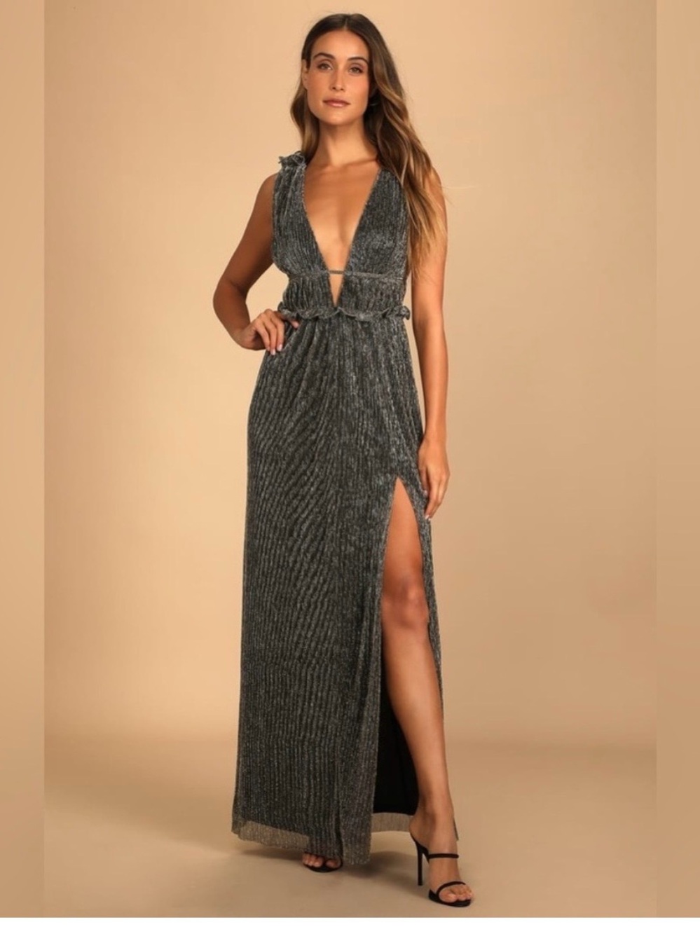 Lulu's Charcoal Metallic Deep V Maxi Dress with High Slit